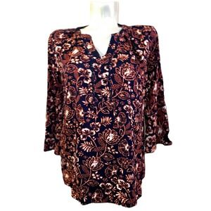Gloria Vanderbilt Navy Floral Print Tunic Top Women's Size S V-Neck 3/4 Sleeve